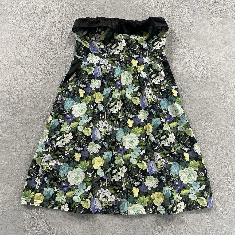 Romy Floral Mini Dress Women M Babydoll Y2K Retro Strapelss Green Vtg Cocktail